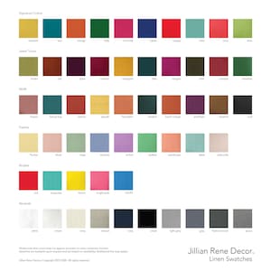 May include: A chart of linen fabric swatches in various colors and categories, including signature colors, jewel tones, new, pastels, brights, and neutrals. The chart is labeled "Jillian Rene Decor. Linen Swatches".