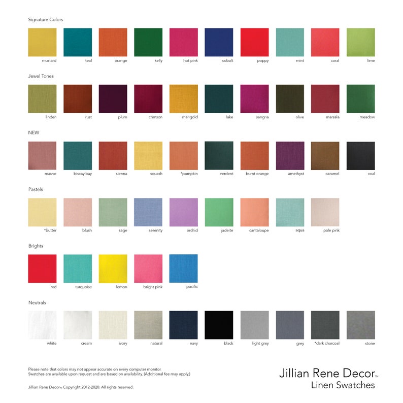 May include: A chart of linen fabric swatches in various colors and categories, including signature colors, jewel tones, new, pastels, brights, and neutrals. The chart is labeled "Jillian Rene Decor. Linen Swatches".