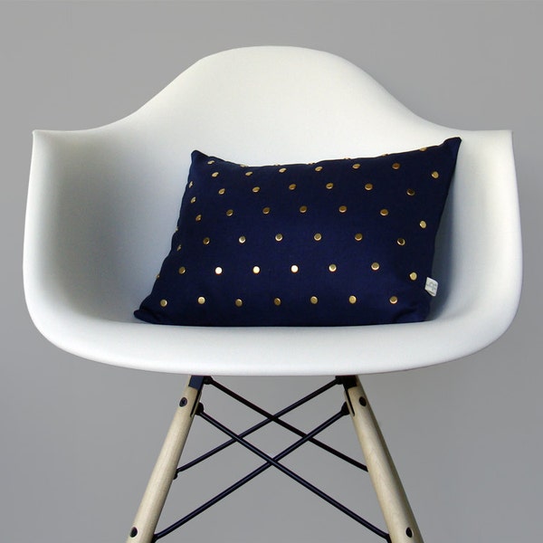 Studded Pillow Cover in Navy Linen | Polka Dot Pattern | by JillianReneDecor | Geometric Pillow | Modern Home Decor | Gold Brass Studs