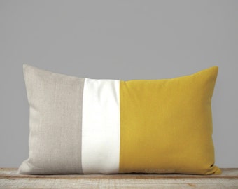 Colorblock Pillow in Mustard Yellow, Cream & Natural Linen (12x20) by JillianReneDecor -  Modern Home Decor - Gold (Custom Sizes Available)