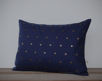 Studded Pillow Cover in Navy Linen | Antiqued Brass Studs | by JillianReneDecor | Geometric Pillow | Modern Home Decor