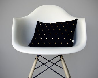 Gold Studded Pillow Cover in Black Linen | Polka Dot Pattern | by JillianReneDecor | Geometric Pillow | Home Decor | Brass Studs