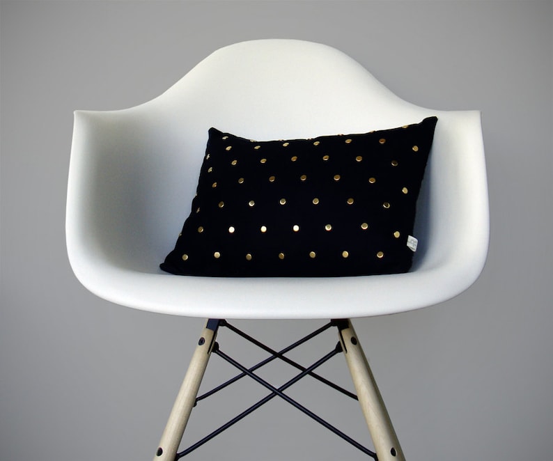 Gold Studded Pillow Cover in Black Linen Polka Dot Pattern Etsy