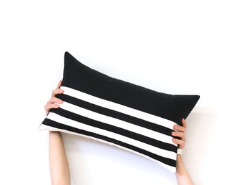 Striped Lumbar Pillow Cover in Black and Cream Breton Stripes by JillianReneDecor (12x20) - Modern Home Decor - Black and White