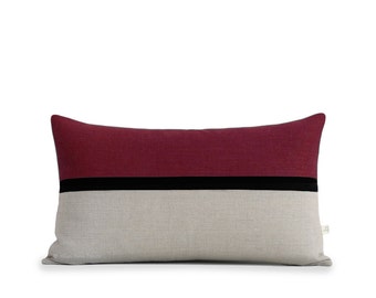 Burgundy Horizon Line Lumbar Pillow Cover with Black & Natural Linen Stripes by JillianReneDecor, Modern Home Decor, Crimson, Fall Decor