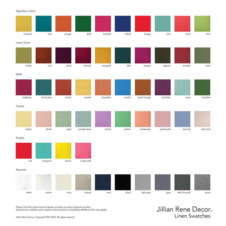 May include: A chart of linen fabric swatches in various colours, organised by colour category: Signature Colours, Jewel Tones, New, Pastels, Brights, and Neutrals. Each colour swatch has a name printed below it.