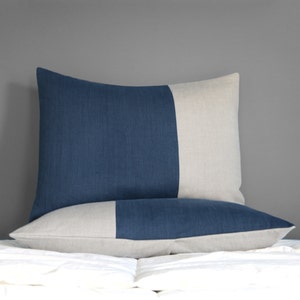 Two Tone Colorblock Pillow Shams, Color Block Bedding, Navy Blue Linen, Modern Linen Bedding by JillianReneDecor, Bedroom, Custom (Set of 2)