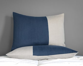 Two Tone Colorblock Pillow Shams, Color Block Bedding, Navy Blue Linen, Modern Linen Bedding by JillianReneDecor, Bedroom, Custom (Set of 2)