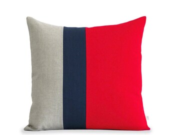 Red Linen Color Block Pillow Cover (20x20) Navy Striped Trio by JillianReneDecor - Poppy Red - Colorblock Home Decor - Nautical, Patriotic