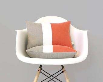 Orange Color Block Cushion Cover with Cream Stripe (Set of 2) by JillianReneDecor - Modern Home Decor - Decorative Pillows