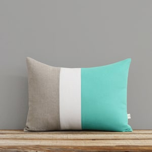 Mint Colorblock Decorative Pillow Cover with Cream and Natural Linen Stripes by JillianReneDecor, Lumbar, Color Block, Decorative Pillow