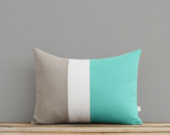 Mint Colorblock Decorative Pillow Cover with Cream and Natural Linen Stripes by JillianReneDecor, Lumbar, Color Block, Decorative Pillow