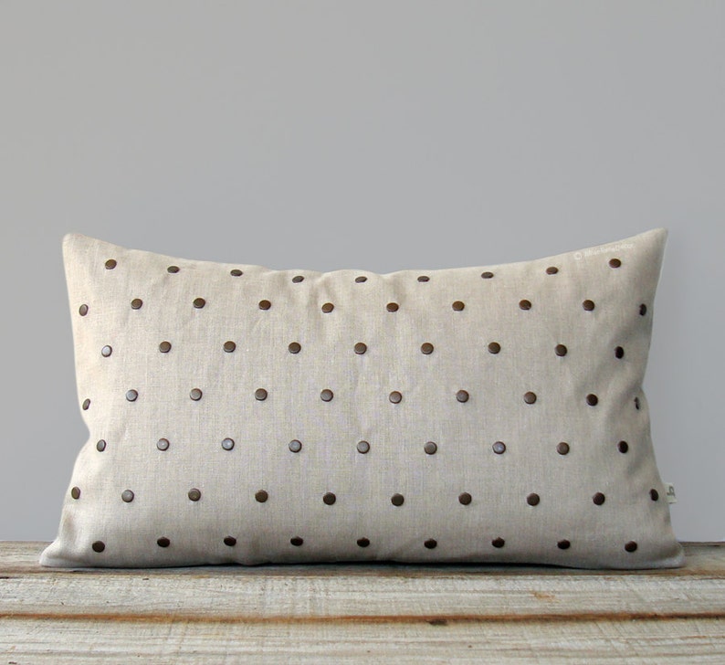 Studded Pillow Cover in Natural Linen 12x20 Polka Dot Pattern by JillianReneDecor Geometric Pillow Home Decor Antique Brass Studs image 1