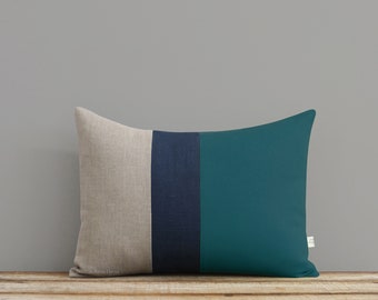 Colorblock Stripe Decorative Pillow Cover in Teal, Navy and Natural Linen by JillianReneDecor (12x16) Home Decor Colorblock Trio - Nautical