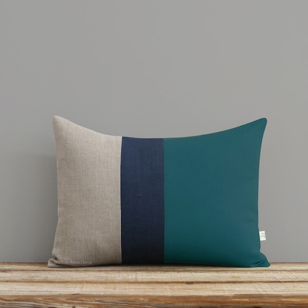 Colorblock Stripe Decorative Pillow Cover in Teal, Navy and Natural Linen by JillianReneDecor (12x16) Home Decor Colorblock Trio - Nautical