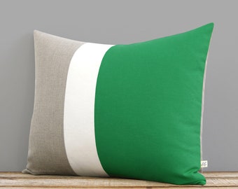 16x20 Color Block Pillow in Kelly Green, Cream and Natural Linen by JillianReneDecor - Minimal Home Decor - Striped Trio - Emerald