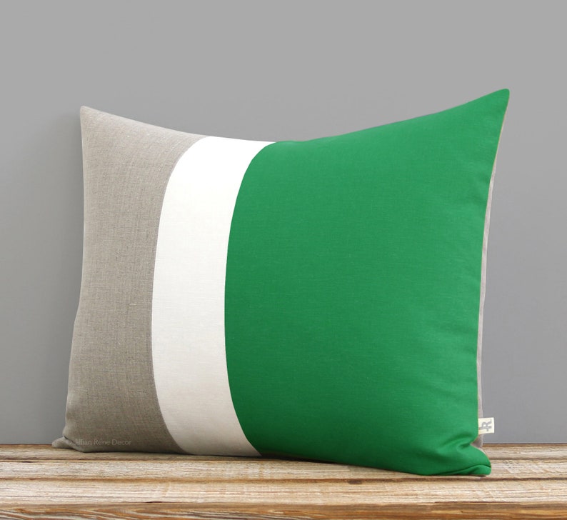 16x20 Color Block Pillow in Kelly Green, Cream and Natural Linen by JillianReneDecor Minimal Home Decor Striped Trio Emerald image 1