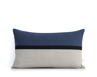 Navy Blue Horizon Line Pillow Cover with Black & Natural Linen Stripes by JillianReneDecor, Modern Home Decor, Striped, Colorblock, 12x20