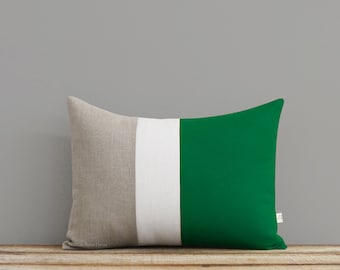 Kelly Green Colorblock Pillow Cover with Cream and Natural Linen Stripes by JillianReneDecor, Emerald Lumbar Pillow