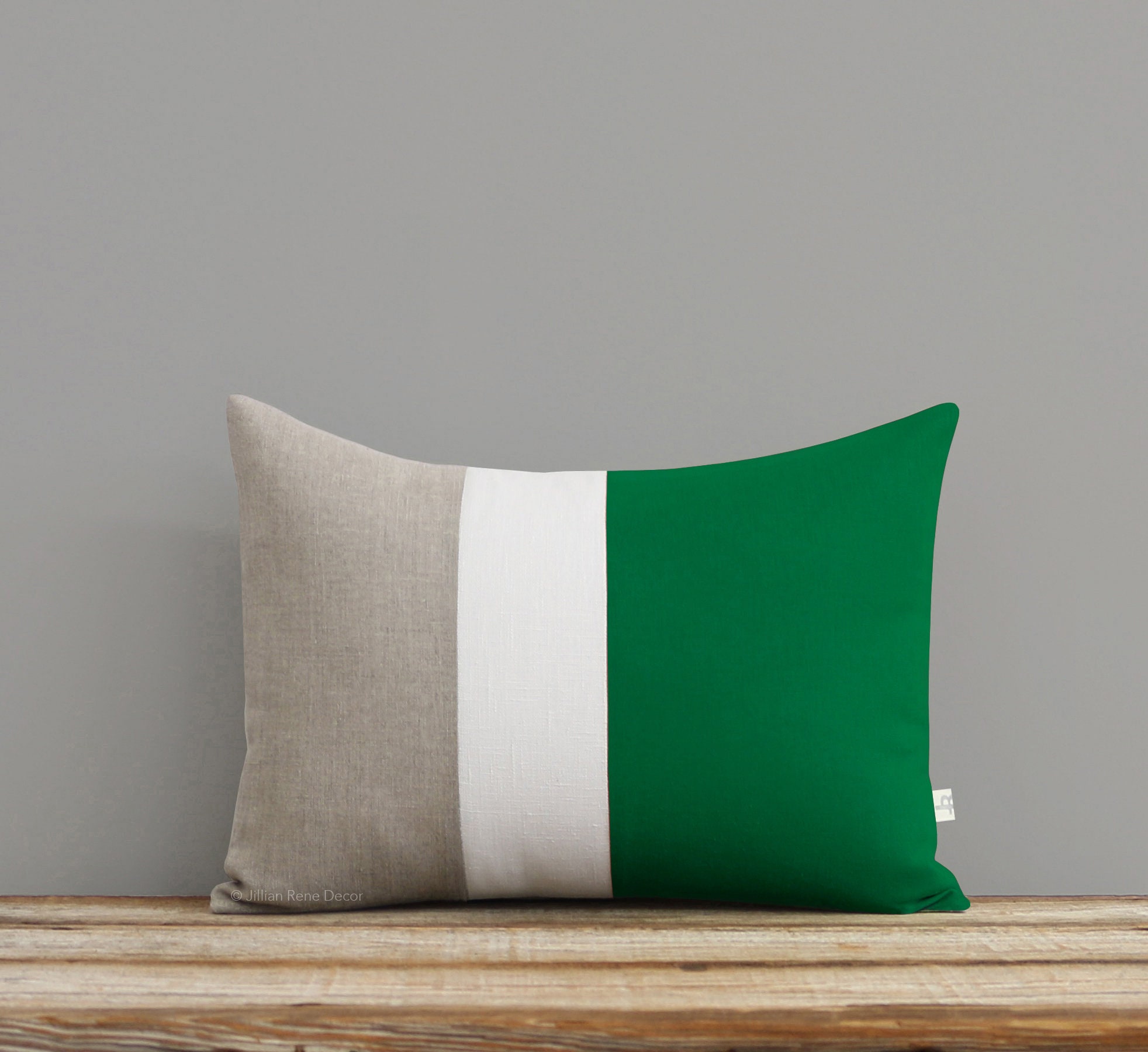 Gift 20x20 Emerald Green Color Block Pillow with Cream and Natural Linen Stripes by JillianReneDecor Modern Home Decor Kelly Green