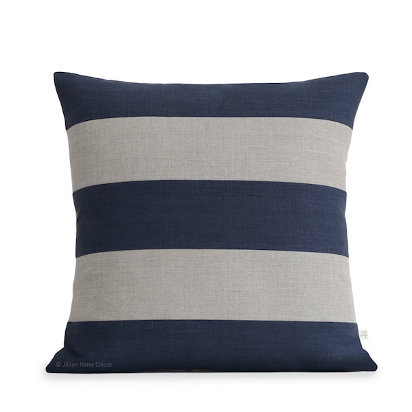 Rugby Striped Pillow Cover in Navy and Natural Linen by JillianReneDecor - Modern Home Decor - Stripes - Gift for Him, Indigo Pillow