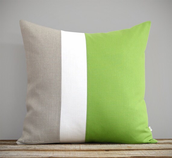 Gift 20x20 Emerald Green Color Block Pillow with Cream and Natural Linen Stripes by JillianReneDecor Modern Home Decor Kelly Green