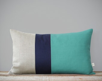 Mint Colorblock Pillow Cover (12x20) Lumbar - Navy and Natural Linen Stripes by JillianReneDecor - Mid-Century Modern Home Decor