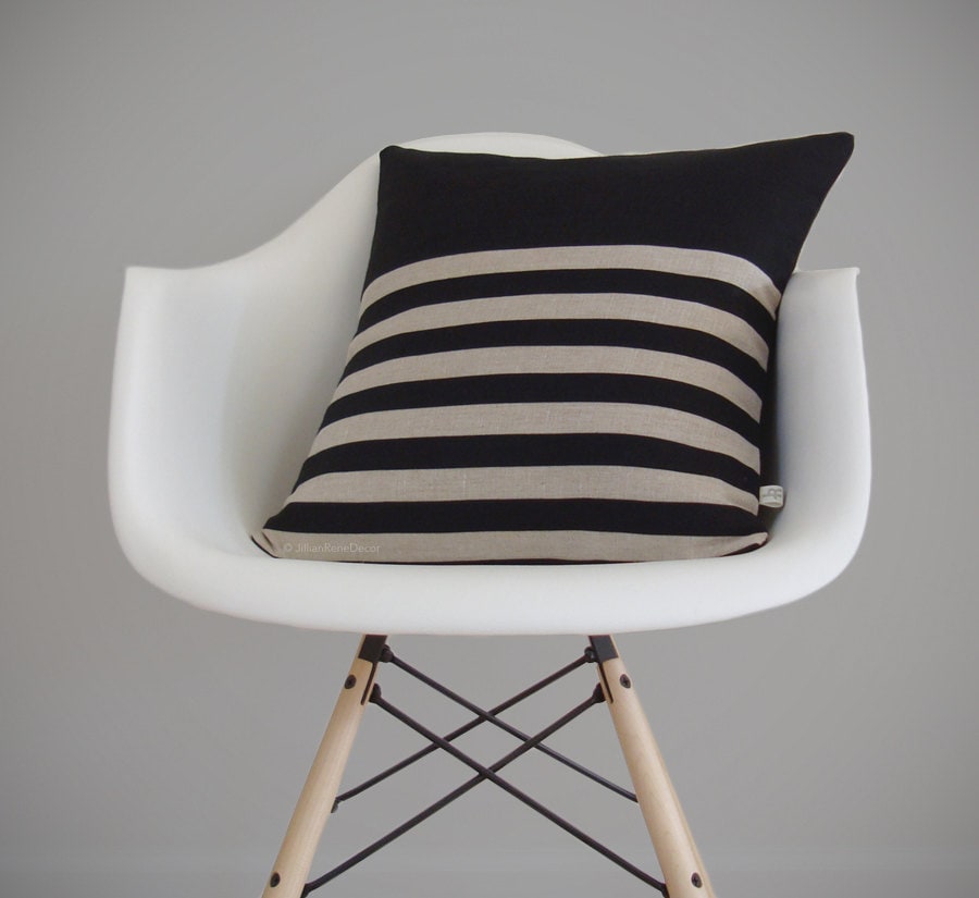 Stripe Patterned Pillow Cover in Black and Natural Linen by Etsy
