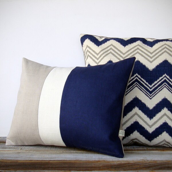 16in DECORATIVE PILLOW in Navy Blue Chevron and Stone Gray - Modern Summer Home Decor Geometric Pattern Zig Zag Ikat Pillow