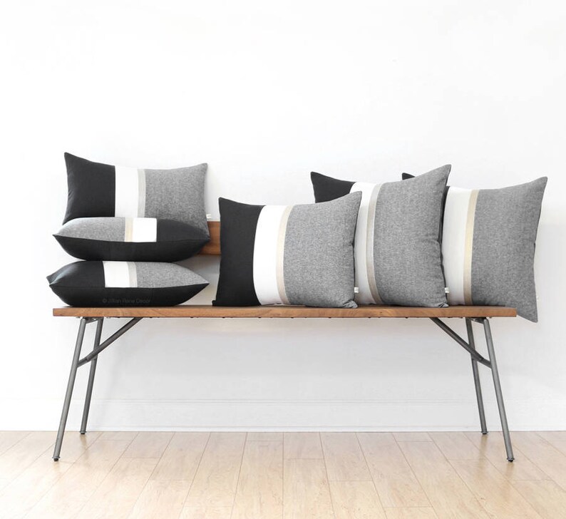 Black Chambray Decorative Pillow Cover Set of 2 with Gold Stripe 12x20 and 20x20 by JillianReneDecor Black and White Colorblock Pillows