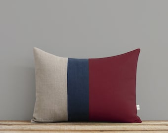 Colorblock Stripe Pillow in Crimson, Navy and Natural Linen by JillianReneDecor, Home Decor, Stripe Color Block Trio, Oxblood, Garnet