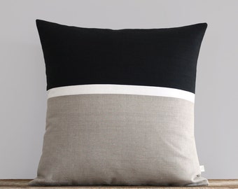 20x20 Horizon Line Pillow Cover with Black, Cream & Natural Linen Stripes by JillianReneDecor, Classic, Minimal, Modern Home Decor