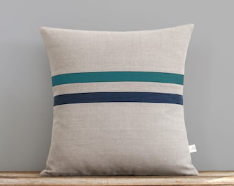 Teal and Navy Striped Pillow Cover - 16x16 - Modern Linen Home Decor by JillianReneDecor - Colorful Colorblock Stripes (More Colors)