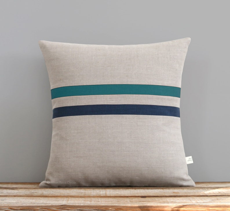 Teal and Navy Striped Pillow Cover 16x16 Modern Linen Home Etsy