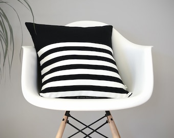 Breton Stripe Patterned Pillow Cover in Black and Cream Linen by JillianReneDecor - Modern Home Decor - Striped Pillow - Black and White