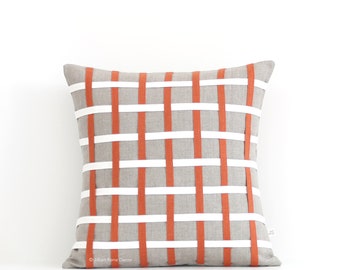 Burnt Orange Woven Lines Pillow Cover (16x16) Burnt Orange, Cream and Natural Linen by Jillian Rene Decor, Modern Pillow, Graphic Texture