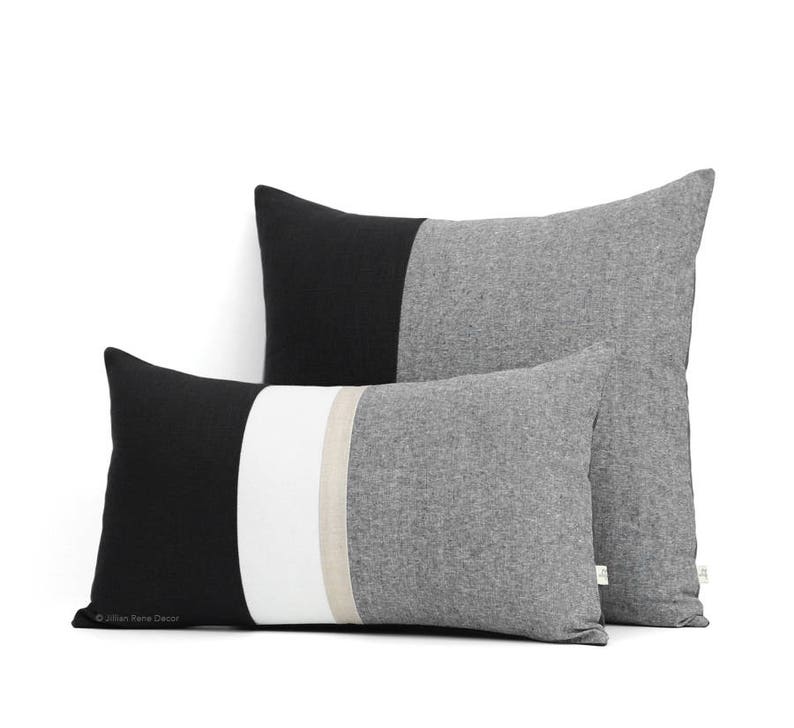 Black Chambray Decorative Pillow Cover Set of 2 with Gold Stripe 12x20 and 20x20 by JillianReneDecor Black and White Colorblock Pillows
