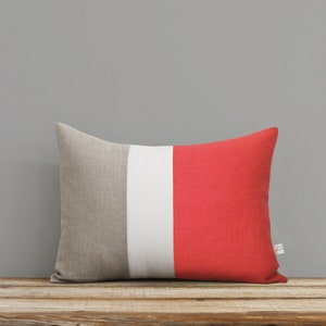 Coral Colorblock Decorative Pillow Cover with Cream and Natural Linen Stripes by JillianReneDecor, Modern Color Block, Pantone 2019 image 1