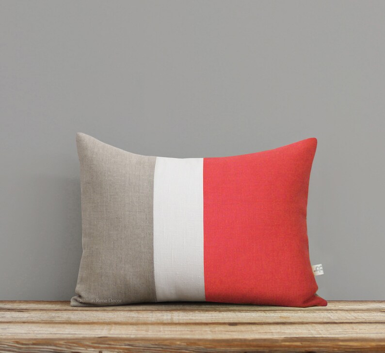 Coral Colorblock Decorative Pillow Cover with Cream and Natural Linen Stripes by JillianReneDecor, Modern Color Block, Pantone 2019 image 1