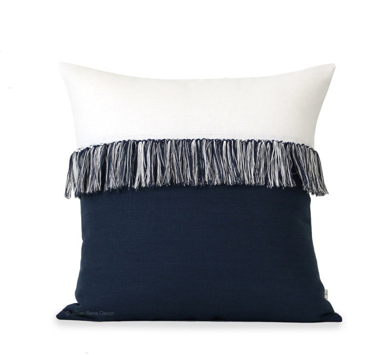 Navy and Cream Fringe Pillow Cover With Hand Knotted Tassels Etsy