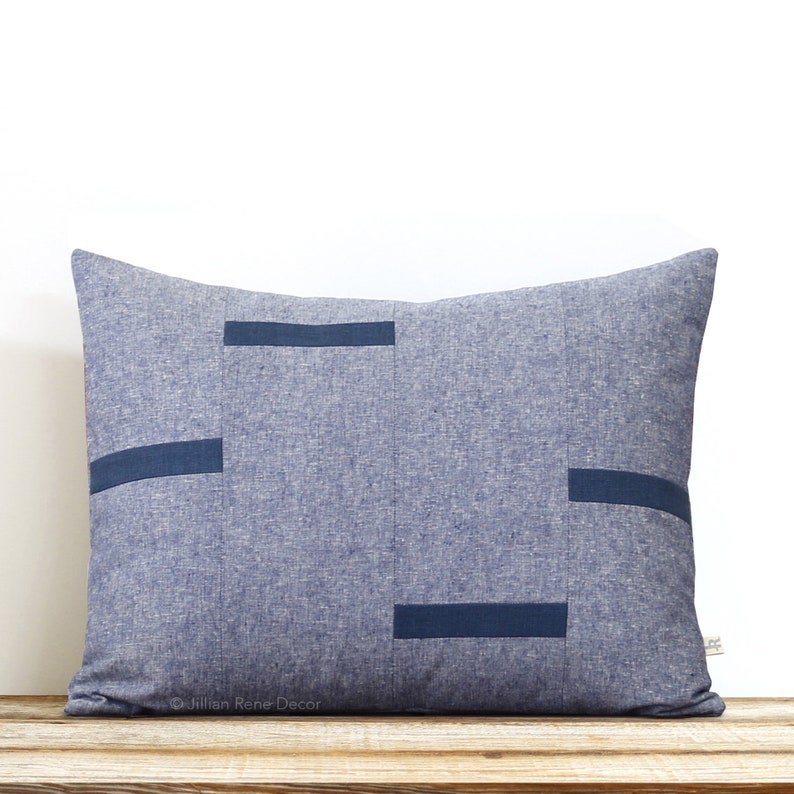 Navy Chambray Dash Pillow Cover, NEW Interconnection Pillows 16x20 by Jillian Rene Decor, Scattered Lines Stripes, Navy Blue Dash Pillow image 3
