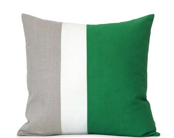 Emerald Green Color Block Pillow with Cream and Natural Linen Stripes by JillianReneDecor (20x20) Kelly Green | Modern Home Decor | Gift