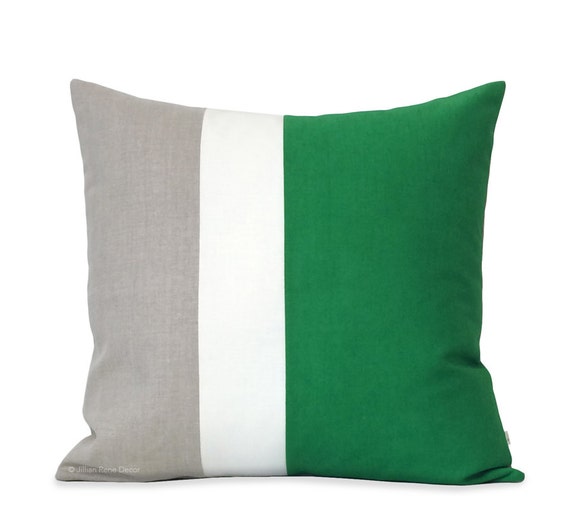 Gift 20x20 Emerald Green Color Block Pillow with Cream and Natural Linen Stripes by JillianReneDecor Modern Home Decor Kelly Green