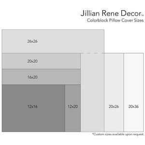 May include: A diagram showing different sizes of pillow covers available in a colorblock design. The sizes are 26x26 inches, 20x20 inches, 16x20 inches, 12x16 inches, 12x20 inches, 20x26 inches, and 20x36 inches. The text "Custom sizes available upon request." is at the bottom of the diagram.