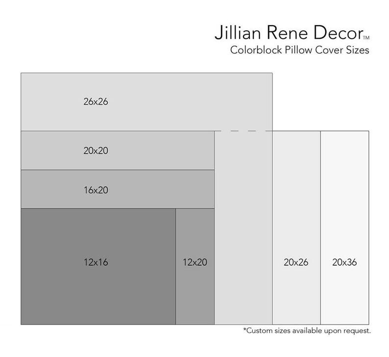 May include: A diagram showing different sizes of pillow covers available in a colorblock design. The sizes are 26x26 inches, 20x20 inches, 16x20 inches, 12x16 inches, 12x20 inches, 20x26 inches, and 20x36 inches. The text "Custom sizes available upon request." is at the bottom of the diagram.
