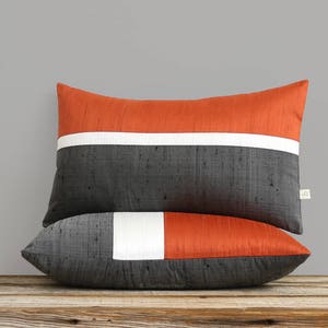Persimmon Silk Horizon Line Pillow Cover with Cream and Charcoal Gray Stripes by JillianReneDecor, Luxury Gift for Her, Orange Lumbar Pillow