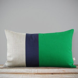 12x20 Lumbar Colorblock Pillow Cover in Kelly Green, Navy and Natural Linen by JillianReneDecor Modern Home Decor, Emerald Striped Trio 12x20 inches