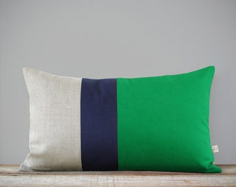 12x20 Lumbar Colorblock Pillow Cover in Kelly Green, Navy and Natural Linen by JillianReneDecor - Modern Home Decor, Emerald Striped Trio