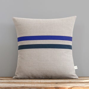 Cobalt Blue and Navy Striped Linen Pillow Cover 16x16 Modern Home Decor by JillianReneDecor Monaco Blue image 1