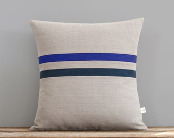 Cobalt Blue and Navy Striped Linen Pillow Cover 16x16 - Modern Home Decor by JillianReneDecor - Monaco Blue